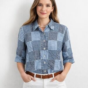 Liz Claiborne Patchwork Gingham Button Up Shirt Women M Blue Check Cotton Preppy